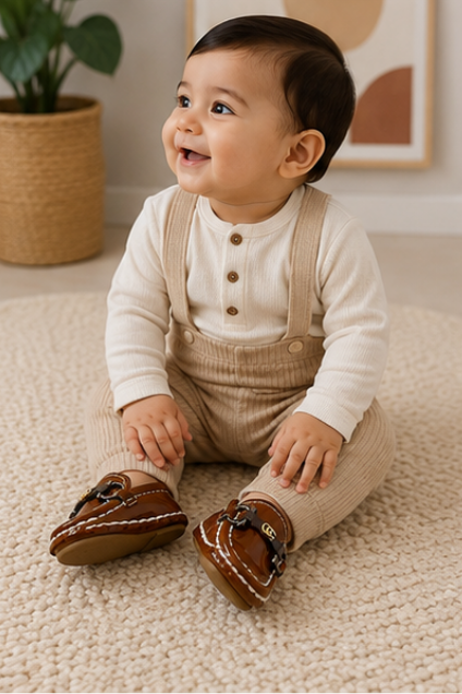 Baby Brown Patent Leather Loafers with Metallic Buckle and White Stitching, Sizes 15 to 20