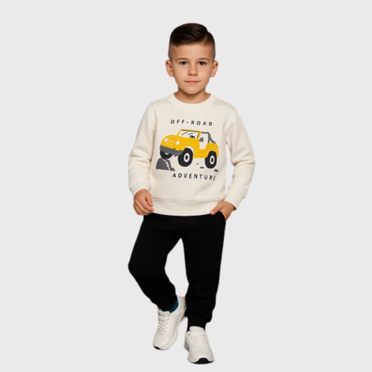 Boys Off-Road Adventure Sweatshirt - Cream Jeep Print Crew Neck Pullover | Mommy Minors