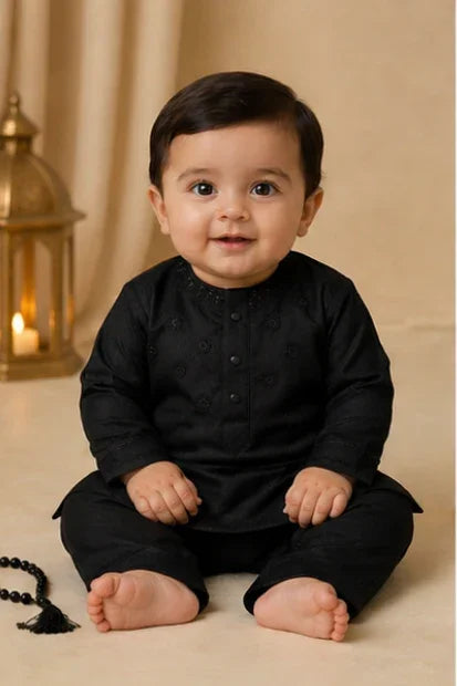 Baby Boys Embroidered Kurta & Trouser Set – Black