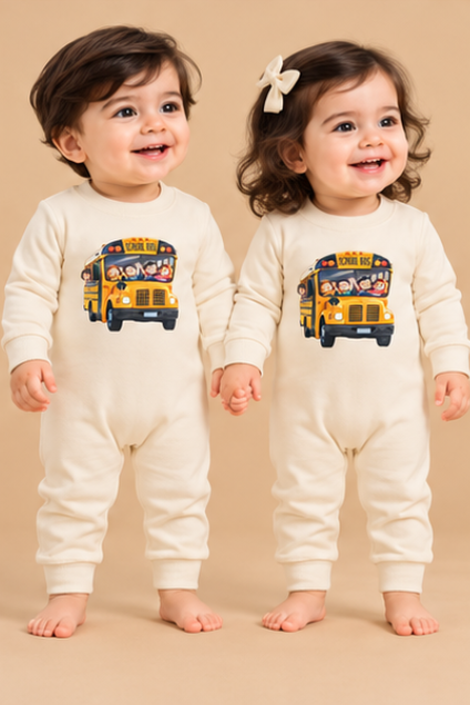 School Bus Print Baby Romper