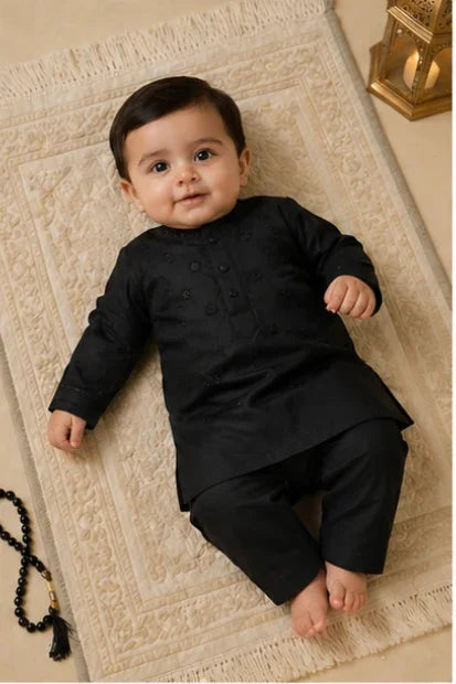 Baby Boys Embroidered Kurta & Shalwar Set – Black