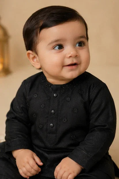 Baby Boys Embroidered Kurta & Shalwar Set – Black