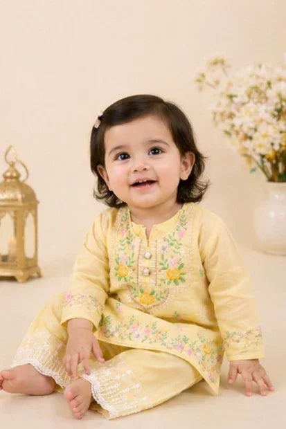 Girls Embroidered Kurta Set – Yellow