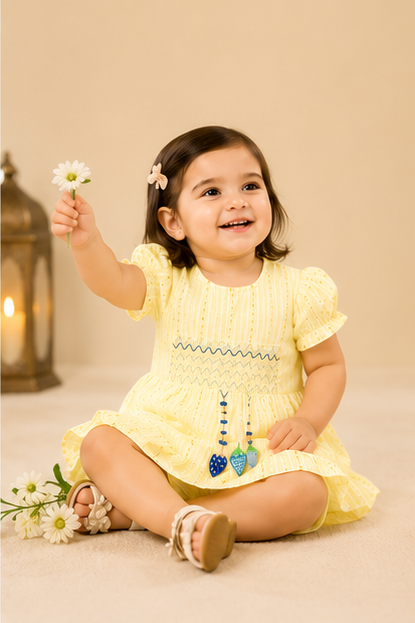 Baby Girls Puff Sleeve Frock & Shorts Set – Yellow Stripe