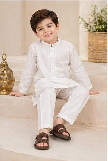 Boys Embroidered Kurta & Shalwar Set – White