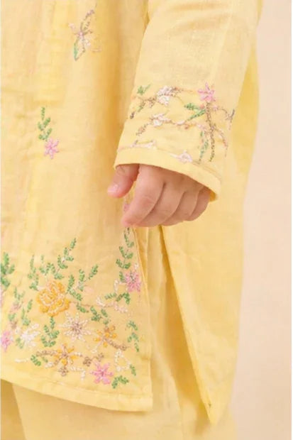 Girls Embroidered Kurta Set – Yellow