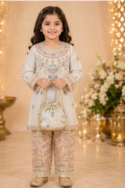 Girls Embroidered Kurta & Printed Set - Pastel Green