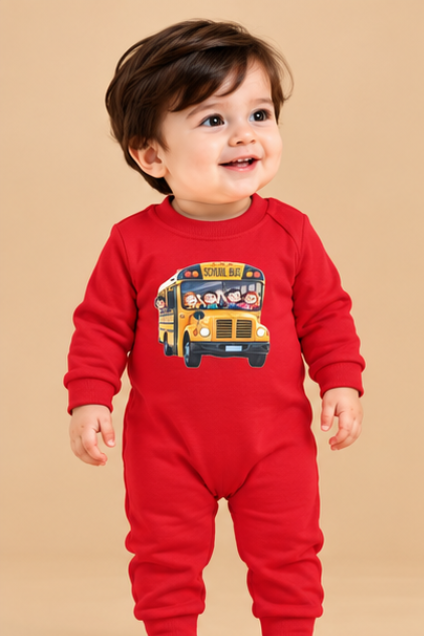 Red School Bus Print Baby Romper