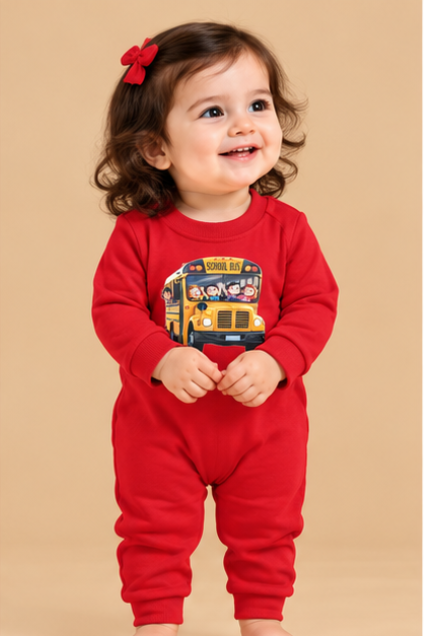 Red School Bus Print Baby Romper
