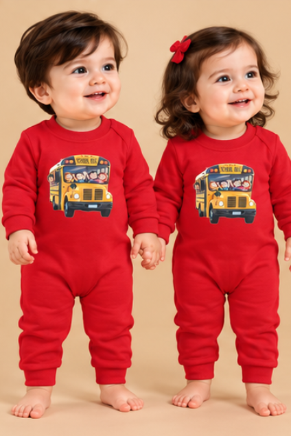 Red School Bus Print Baby Romper