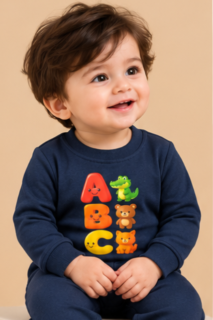 Navy Blue ABC Animal Print Baby Romper