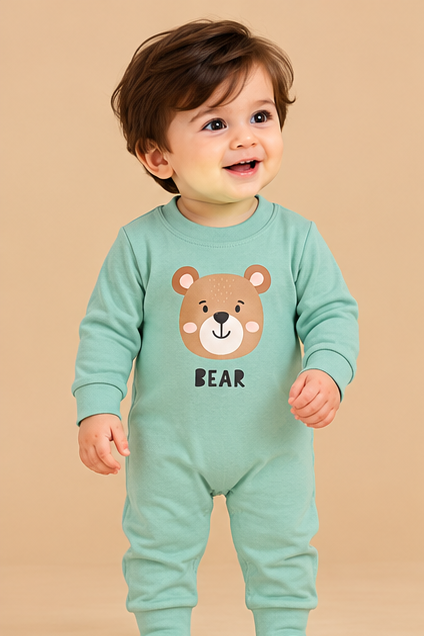 Mint Green Bear Print Baby Romper