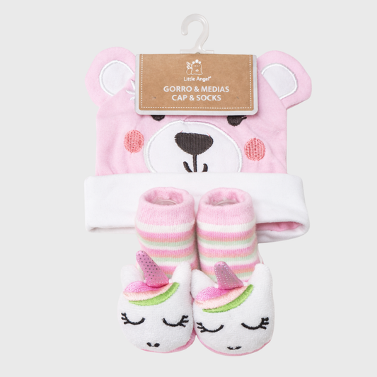 Baby Girl Bear Cap & Unicorn Socks Set