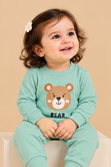 Mint Green Bear Print Baby Romper