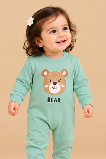 Mint Green Bear Print Baby Romper