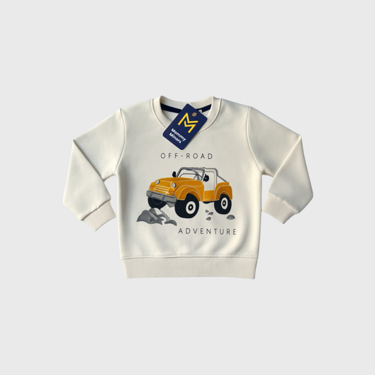 Boys Off-Road Adventure Sweatshirt - Cream Jeep Print Crew Neck Pullover | Mommy Minors