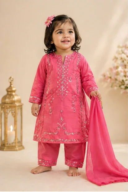 Baby Girls Embroidered Kurta, Trouser & Dupatta Set – Hot Pink
