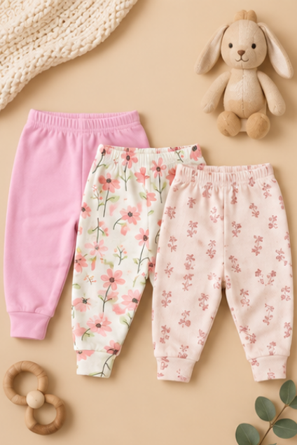 Floral & Solid Pink Jogger Pants, Pack of 3
