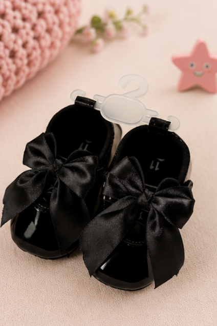 Black Satin Bow Baby Shoes