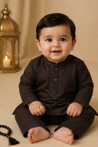 Baby Boys Embroidered Kurta & Shalwar Set – Dark Brown