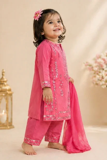 Girls Embroidered Kurta, Trouser & Dupatta Set – Hot Pink