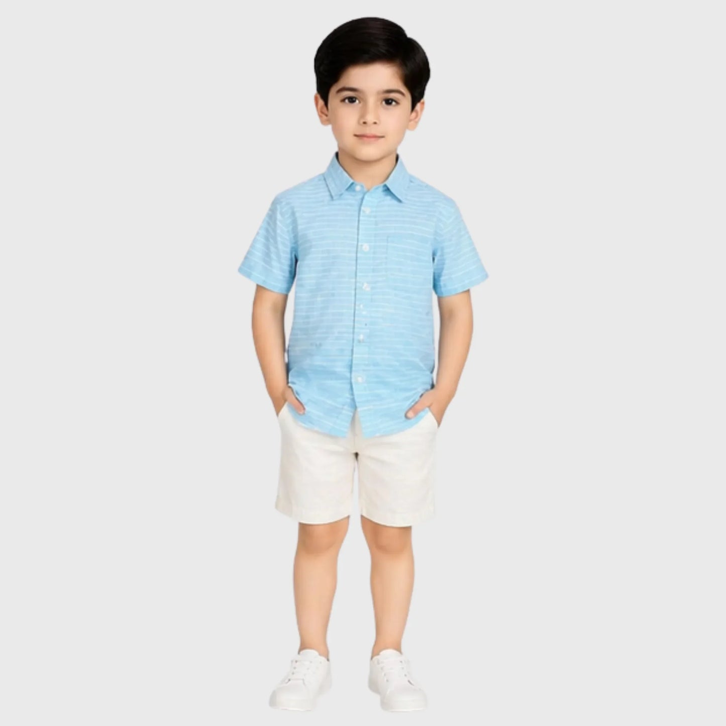 Sky-Blue Striped Button-Down Short-Sleeve Shirt