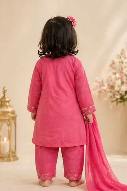 Girls Embroidered Kurta, Trouser & Dupatta Set – Hot Pink