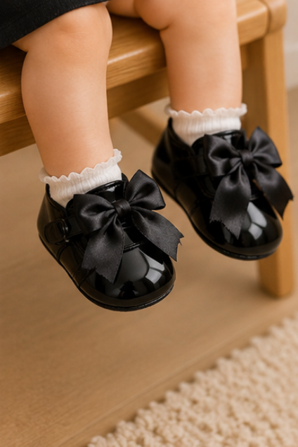 Black Satin Bow Baby Shoes