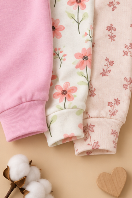 Floral & Solid Pink Jogger Pants, Pack of 3