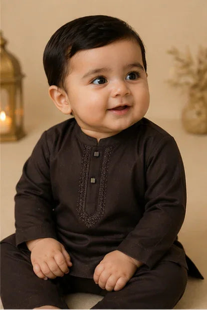 Baby Boys Embroidered Kurta & Shalwar Set – Dark Brown