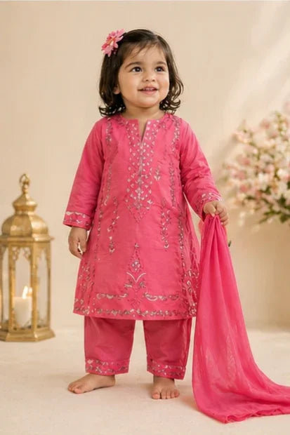 Girls Embroidered Kurta, Trouser & Dupatta Set – Hot Pink