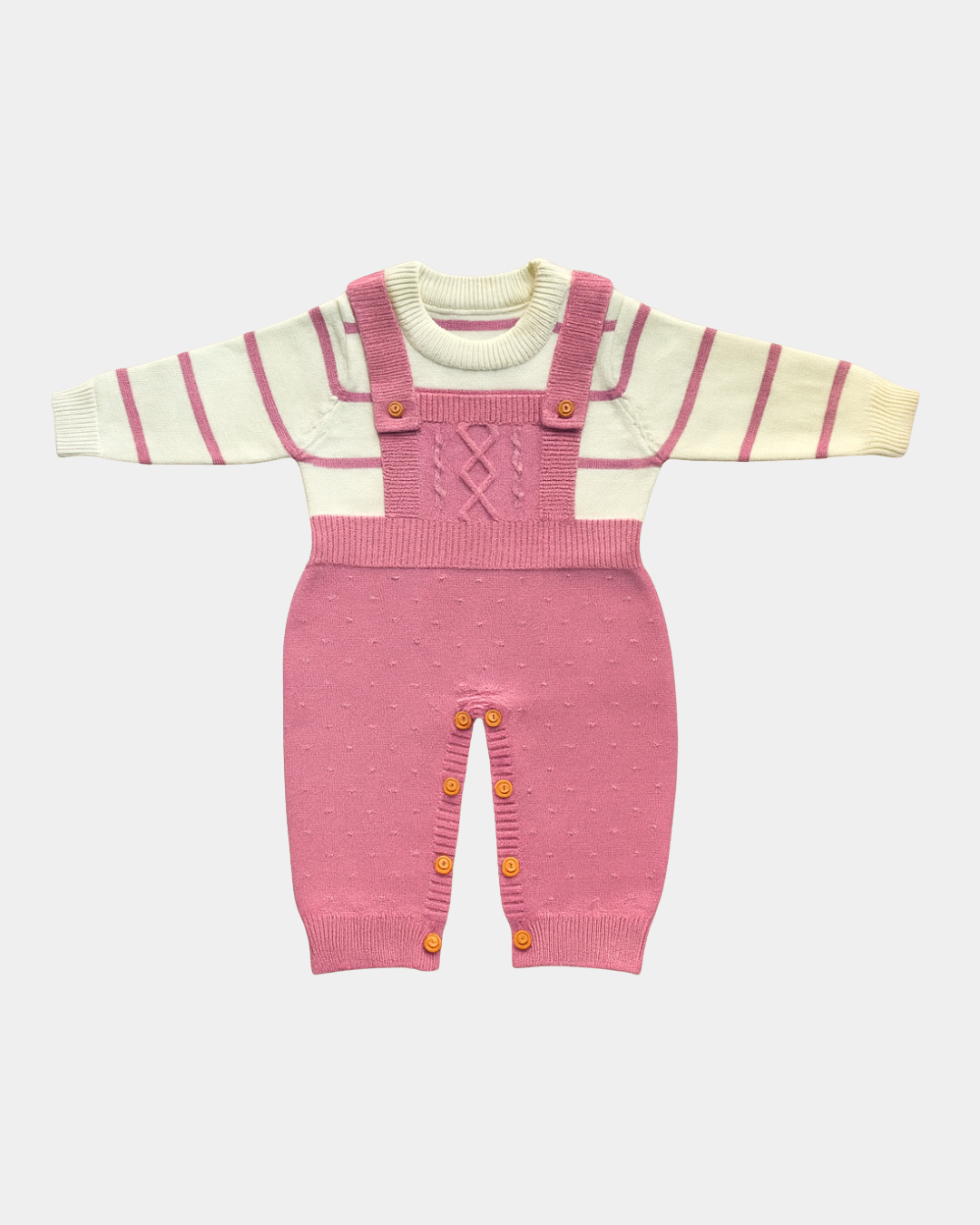 Baby Girl Knit Romper Set - Pink Cable Knit Overalls with Striped Sweater | Mommy Minors