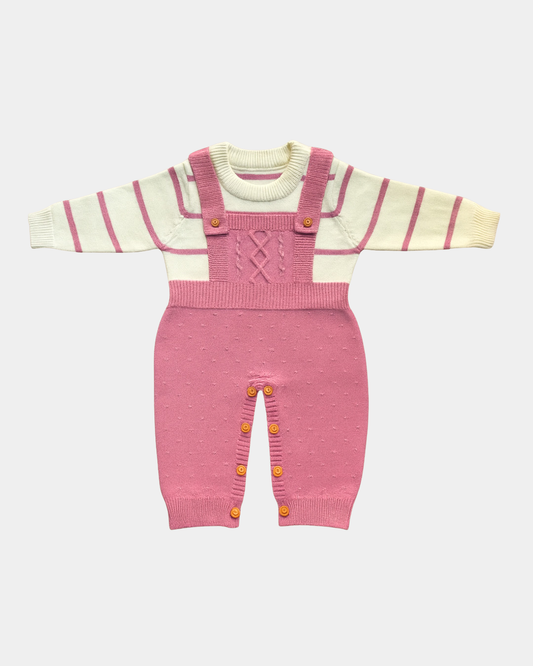 Baby Girl Knit Romper Set - Pink Cable Knit Overalls with Striped Sweater | Mommy Minors