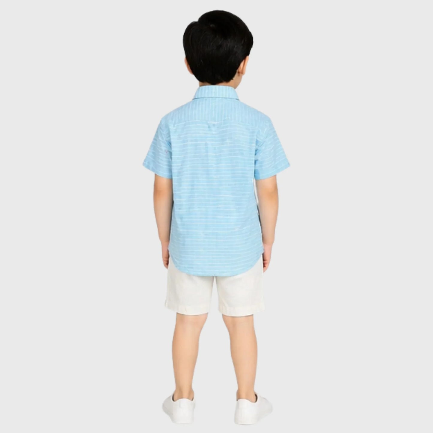Sky-Blue Striped Button-Down Short-Sleeve Shirt
