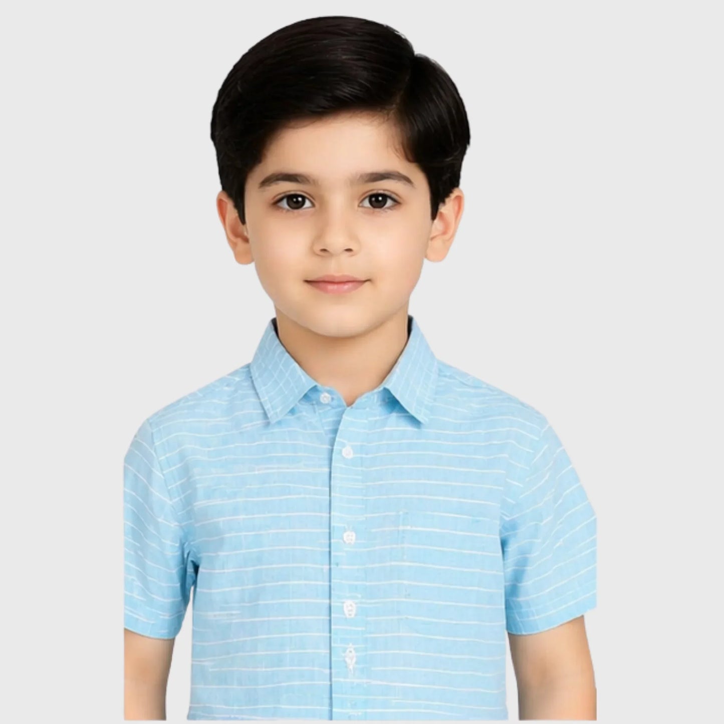 Sky-Blue Striped Button-Down Short-Sleeve Shirt
