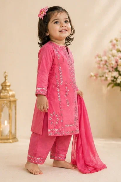 Girls Embroidered Kurta, Trouser & Dupatta Set – Hot Pink