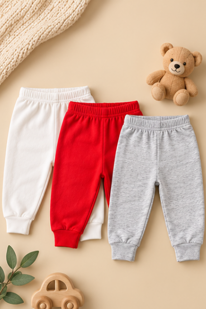 Solid Jogger Pants, Pack of 3 (White, Red, Grey)