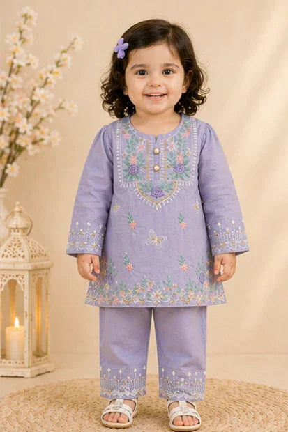Girls Embroidered Kurta Set – Lilac