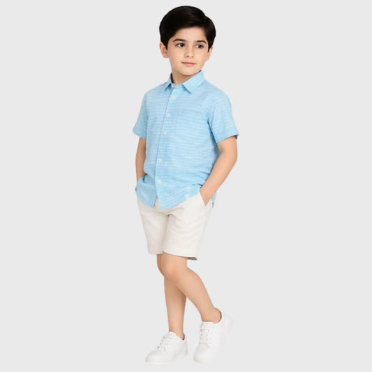 Sky-Blue Striped Button-Down Short-Sleeve Shirt