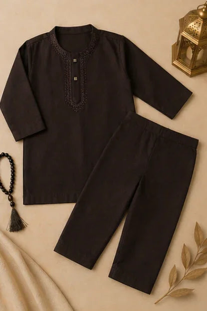 Baby Boys Embroidered Kurta & Shalwar Set – Dark Brown