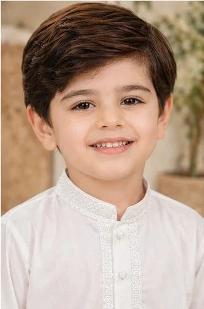 Boys Embroidered Kurta & Shalwar Set – White