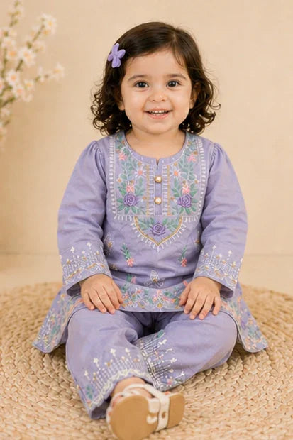 Girls Embroidered Kurta Set – Lilac