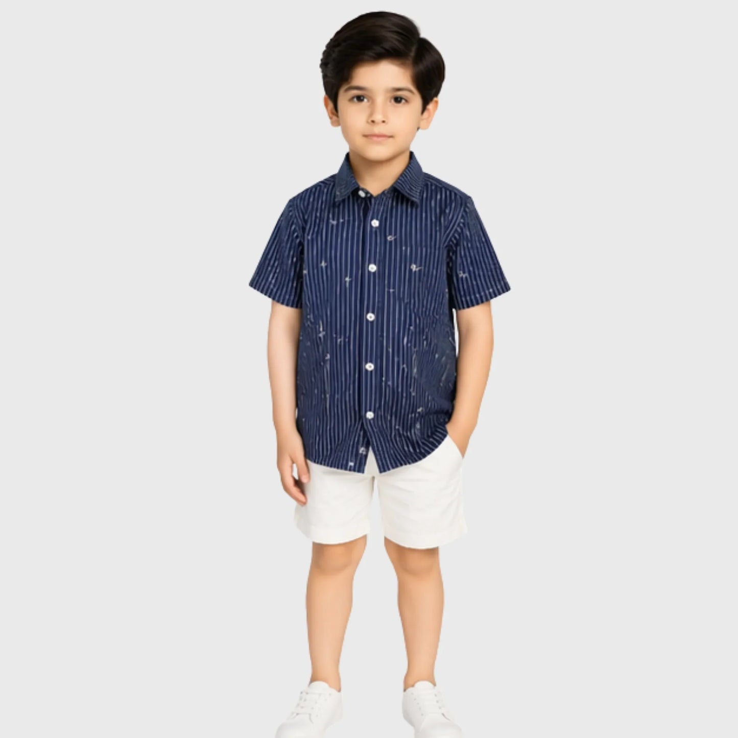Navy Pinstripe Button-Down Short-Sleeve Shirt