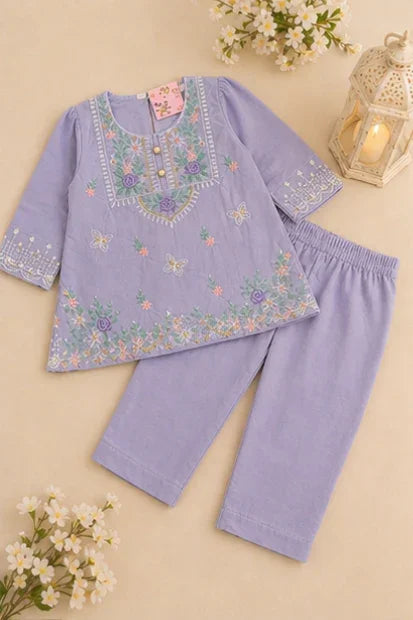 Girls Embroidered Kurta Set – Lilac