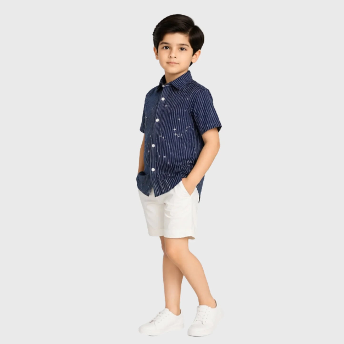 Navy Pinstripe Button-Down Short-Sleeve Shirt