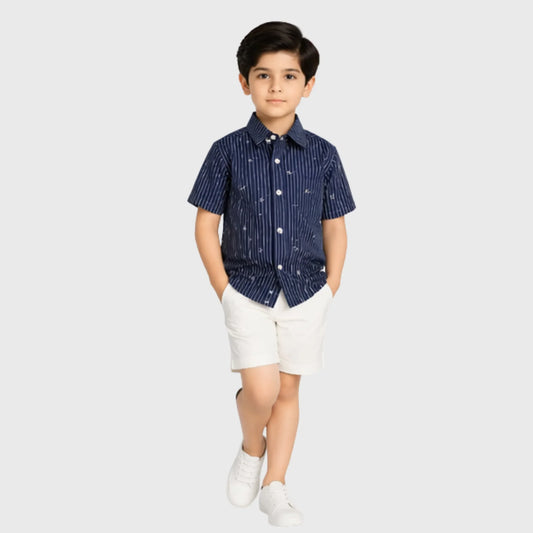 Navy Pinstripe Button-Down Short-Sleeve Shirt