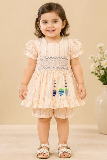 Baby Girls Puff Sleeve Frock & Shorts Set – Peach Stripe