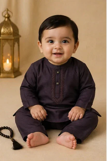 Baby Boys Embroidered Kurta & Shalwar Set – Plum