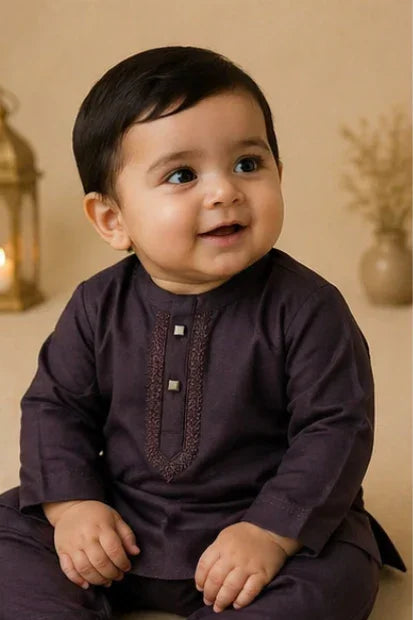 Baby Boys Embroidered Kurta & Shalwar Set – Plum