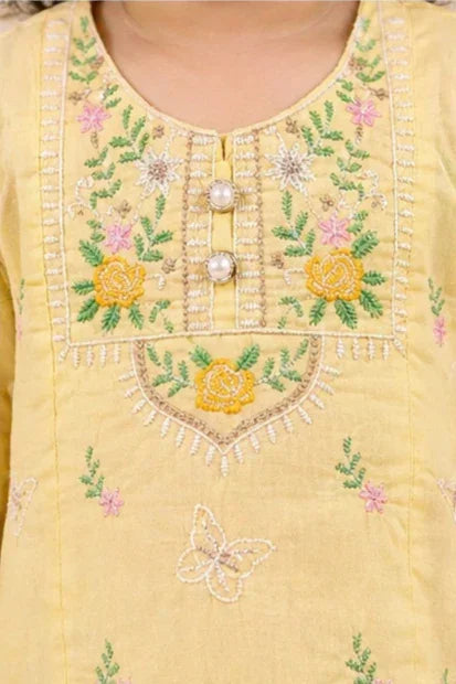 Girls Embroidered Kurta Set – Yellow